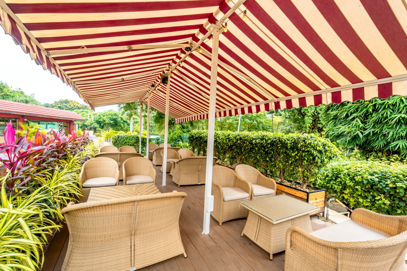 Cane sofas under the striped awning