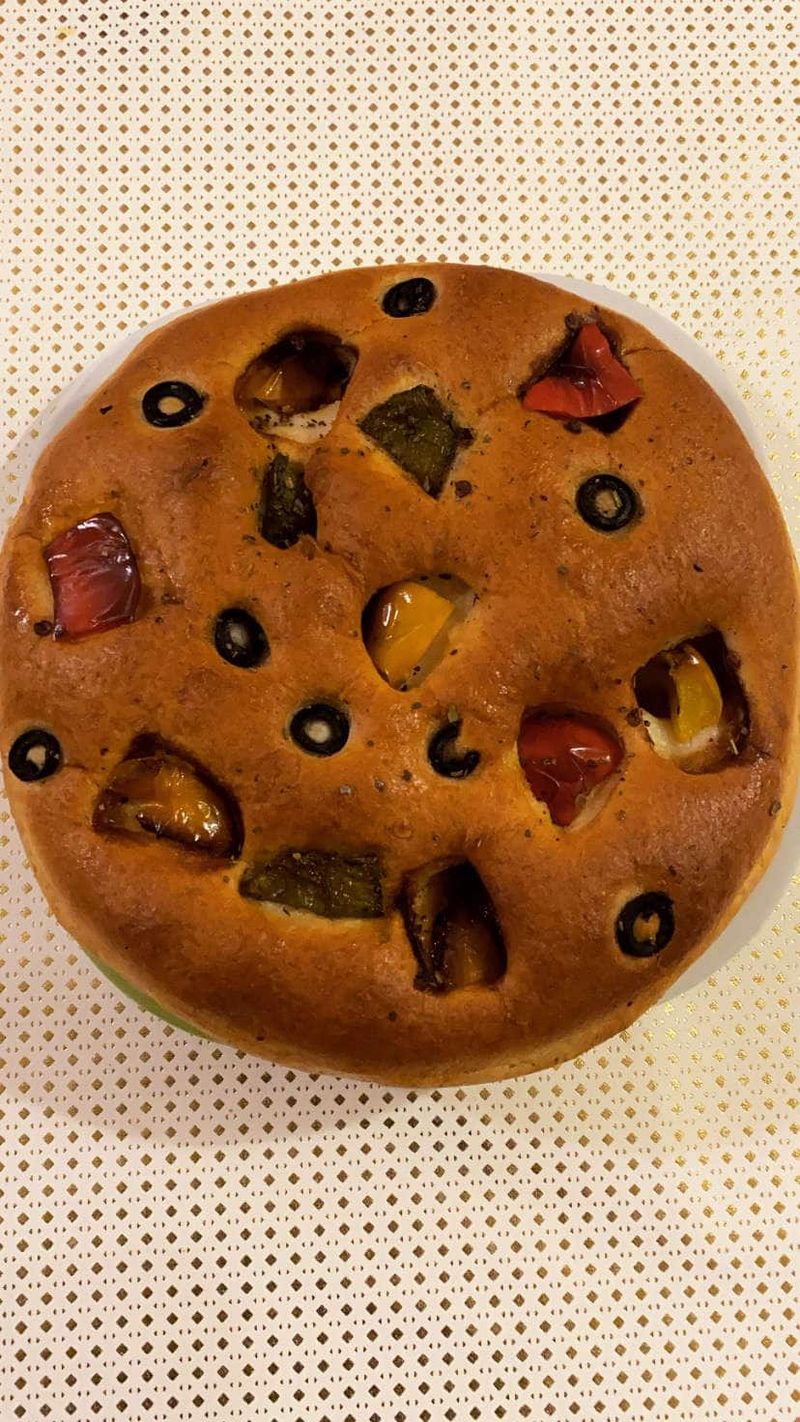 Focaccia with olives and peppers